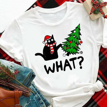 Black Cat What? Christmas Tee T-Shirt KittyNook